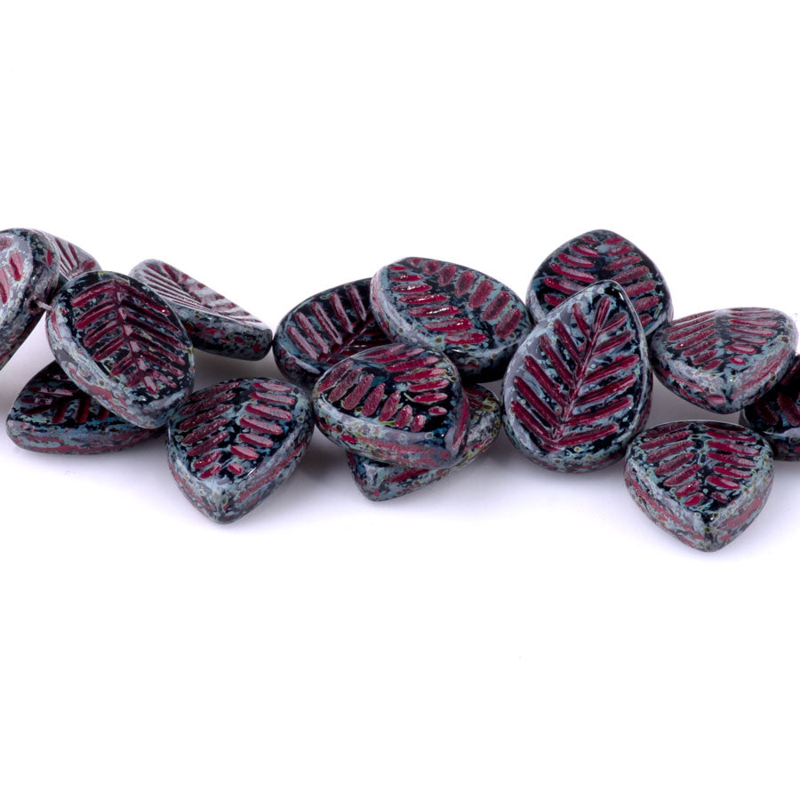 12x16mm Dogwood Leaves Czech Glass Beads - Black with Picasso Finish and a Red Wash