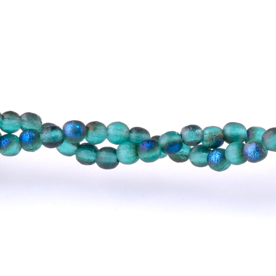 3mm Round Druk Czech Glass Beads - Emerald with Etched and Metallic Blue Finishes