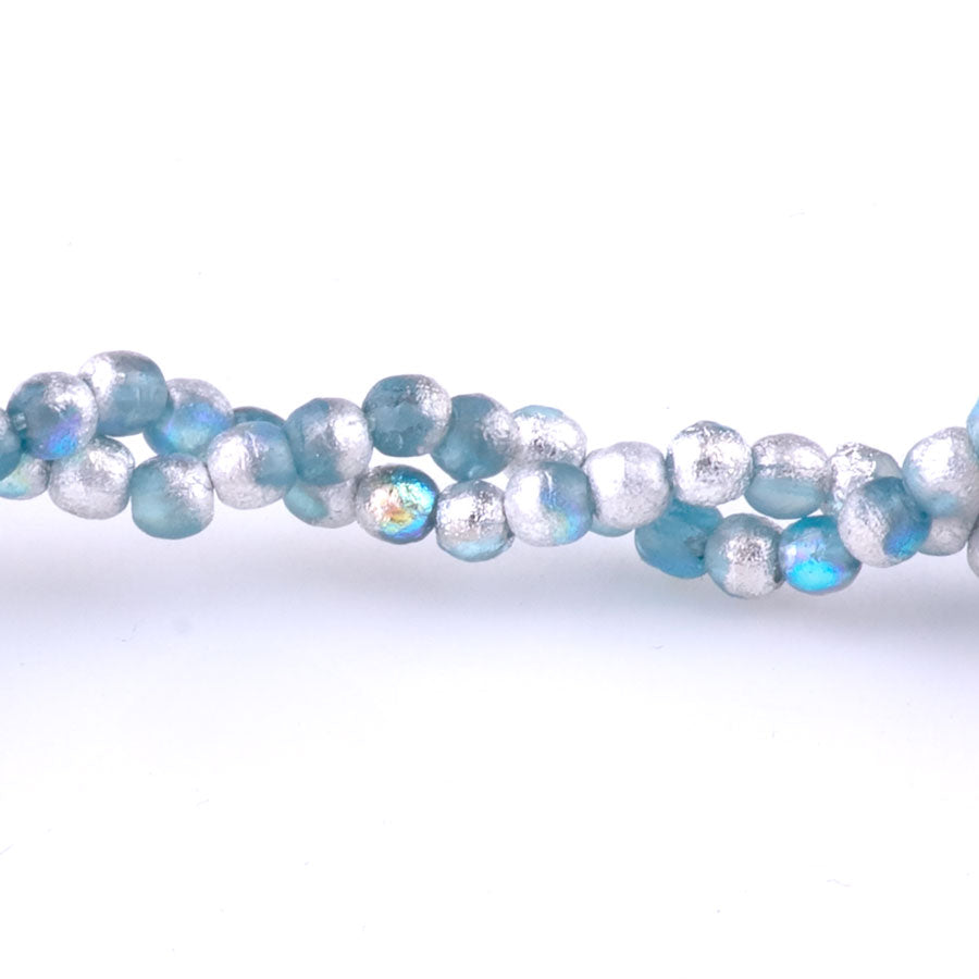 3mm Round Druk Czech Glass Beads - Baby Blue with Etched, AB, and Silver Finishes