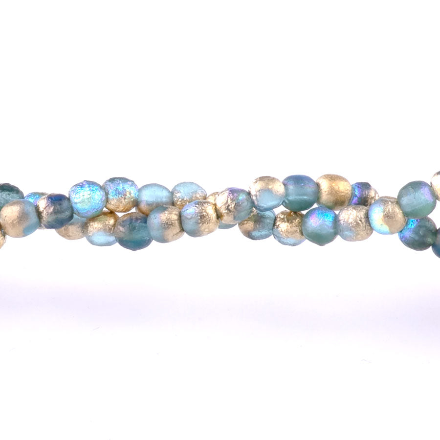 3mm Round Druk Czech Glass Beads - Baby Blue with Etched, AB, and Gold Finishes
