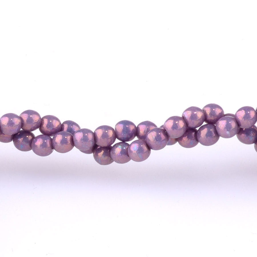 3mm Round Druk Czech Glass Beads - Purple Pansy with Pink Mother Of Pearl Finish