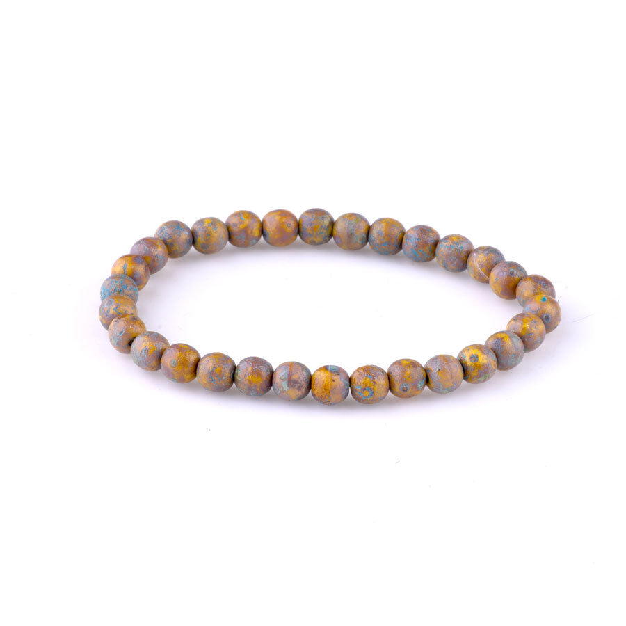 6mm Round Druk Czech Glass Beads - Amber and Honey with Turquoise Wash and Ethched and Picasso Finishes