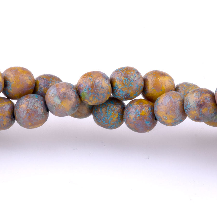 6mm Round Druk Czech Glass Beads - Amber and Honey with Turquoise Wash and Ethched and Picasso Finishes