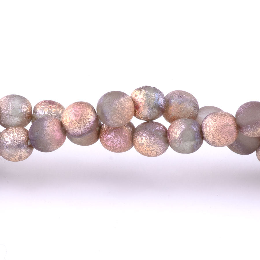 6mm Round Druk Czech Glass Beads - Grey with a Copper and Etched Finish