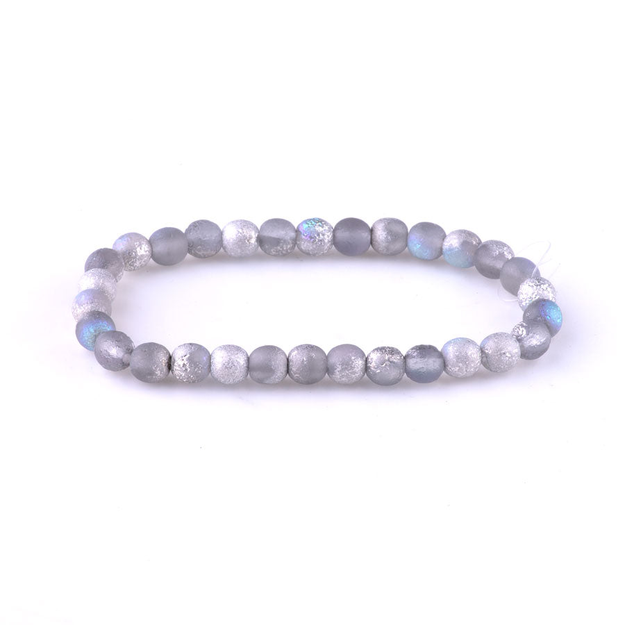 6mm Round Druk Czech Glas Beads - Grey with a Silver Rainbow Finsh