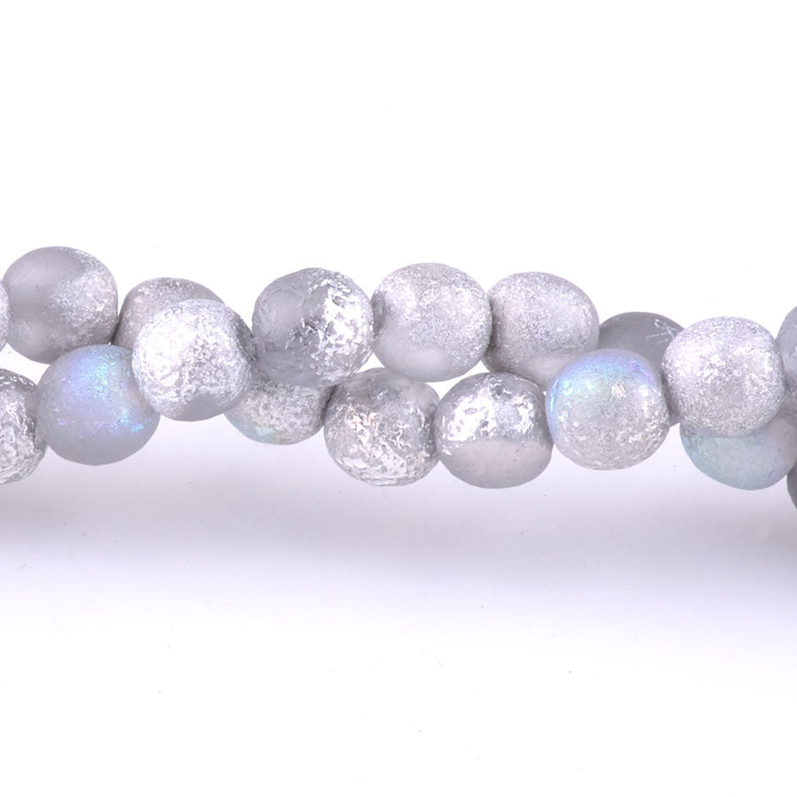 6mm Round Druk Czech Glas Beads - Grey with a Silver Rainbow Finsh