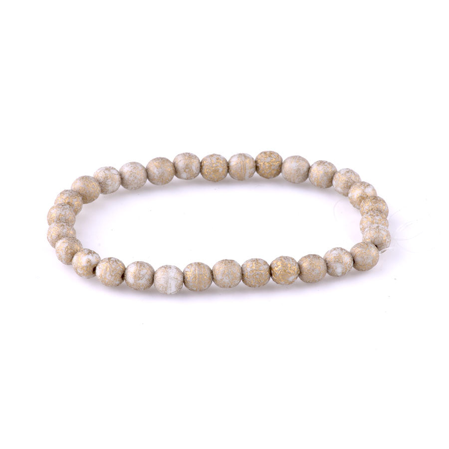 6mm Round Druk Czech Glas Beads - Beige with Gold Wash and Etched Finish