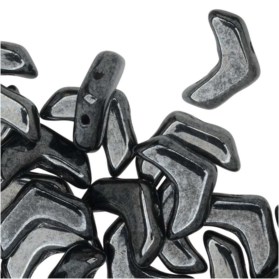 Czech Glass, 2-Hole Chevron Beads 10x4mm, Jet Gunmetal