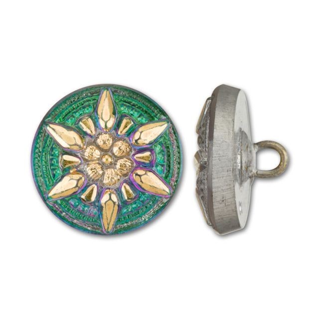 Czech Glass Green and Gold Starburst Round Button by Raven's Journey