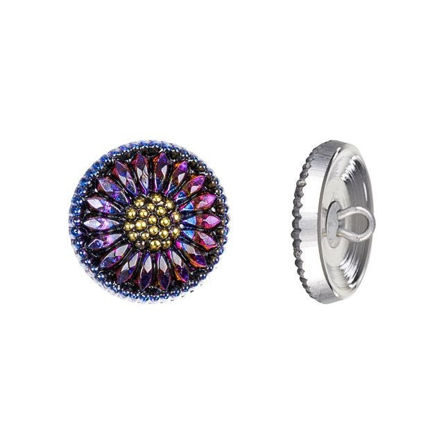 Czech Glass 18mm Round Sunflower, Purple and Blue Iridecent Jet with Gold Paint Button by Raven's Journey