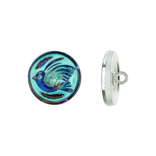 Czech Glass 18mm Round Bird Design Purple Iridescent with Turquoise Wash Glass Button by Raven's Journey