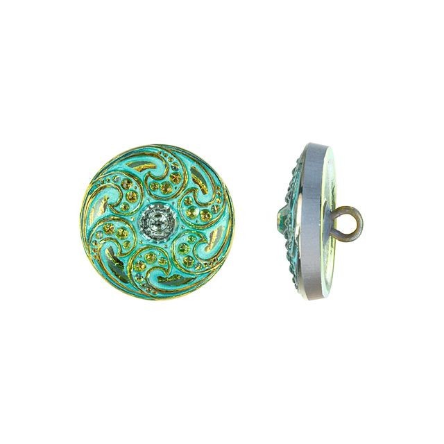 Czech Glass 18mm Round Jewel Spiral Iridescent Yellow with Turquoise Wash Glass Button by Raven's Journey