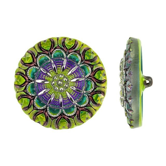 Czech Glass 27mm Round Lacy Flower Green and Purple Iridescent with Bronze Wash and Silver Paint Glass Button by Raven's Journey