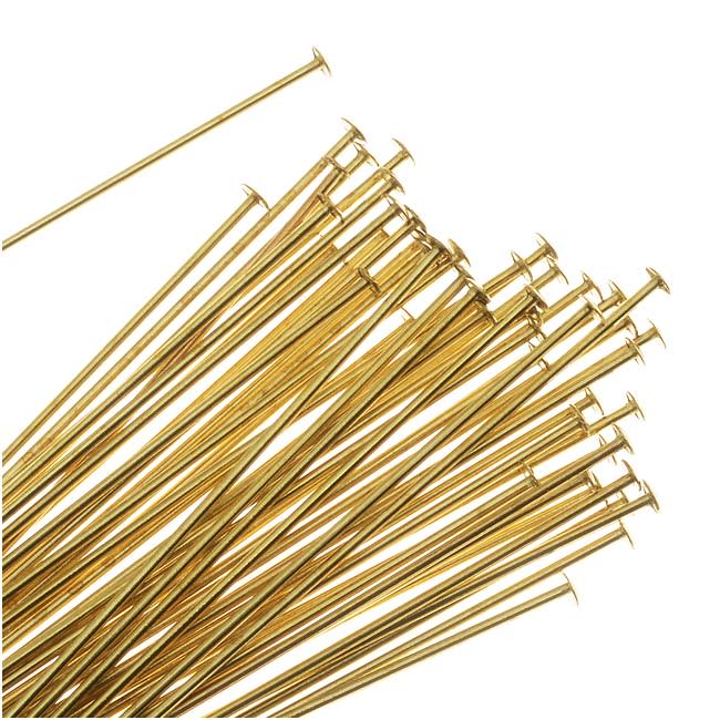 Head Pins, 2 Inches Long and 22 Gauge Thick, Gold Tone Brass (10 Pieces)