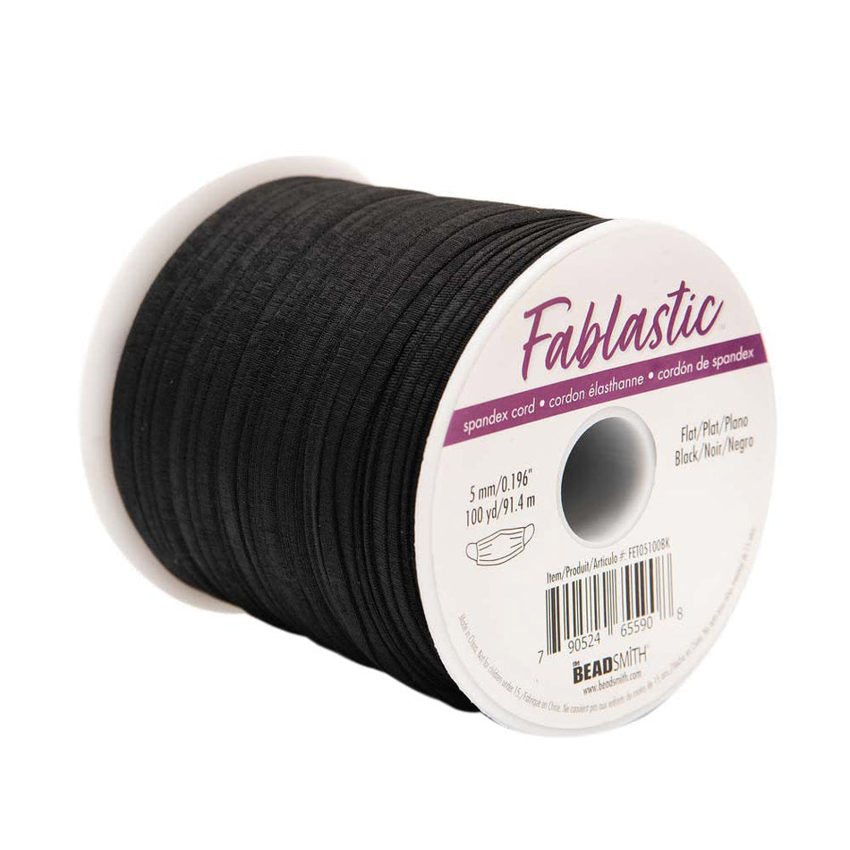 Fablastic Stretch Cord for Mask Making, Flat 5mm (0.196 Inch) Thick, Black (100 Yard Spool)