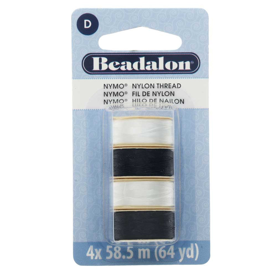 Nymo Nylon Bead Thread Variety Pack, Size D / 0.30mm / .012", Four 64-Yard Spools, Black & White