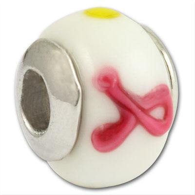 10mm White with Pink Ribbon and Dots Large Metal Hole Glass Beads - Goody Beads