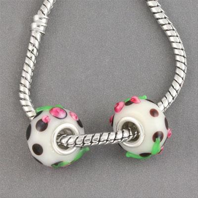 13mm White and Black with Roses Large Metal Hole Glass Beads - Goody Beads