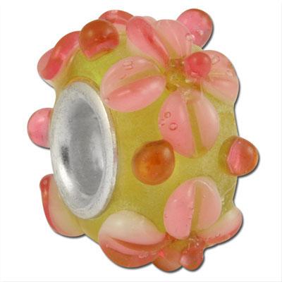 13mm Lime Green with Pink Flowers Rondelle Large Metal Hole Glass Beads - Goody Beads