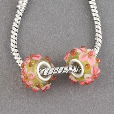 13mm Lime Green with Pink Flowers Rondelle Large Metal Hole Glass Beads - Goody Beads