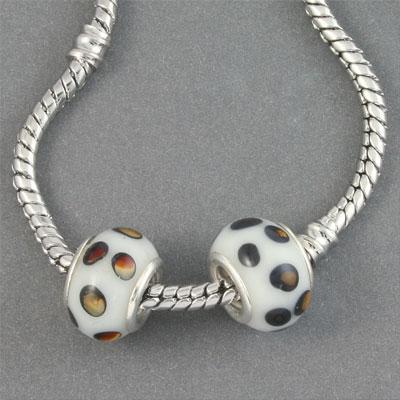 13mm White with Gold/Brown Dots Large Metal Hole Glass Beads - Goody Beads