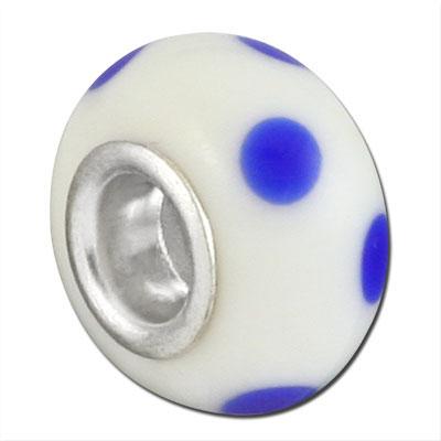 13mm White with Blue Dots Large Metal Hole Glass Beads - Goody Beads