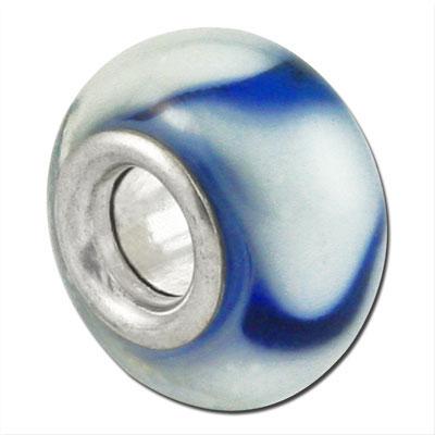 13mm White with Blue Swirl Large Metal Hole Glass Beads - Goody Beads