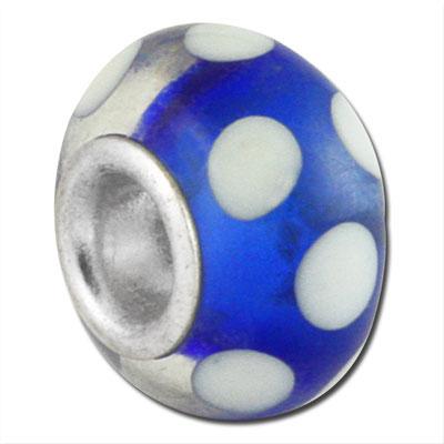 13mm Royal Blue with White Polka Dots Rondelle Large Metal Hole Glass Beads - Goody Beads