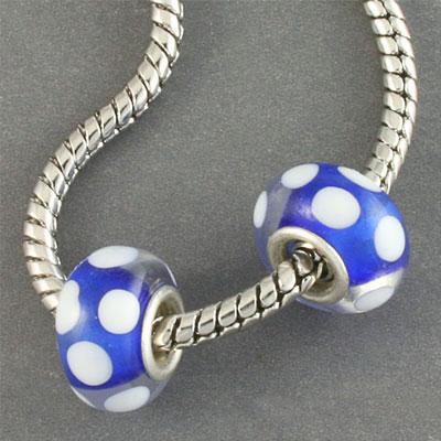 13mm Royal Blue with White Polka Dots Rondelle Large Metal Hole Glass Beads - Goody Beads