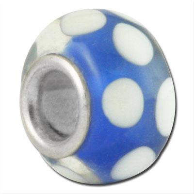 13mm Lt Sapphire with White Polka Dots Rondelle Large Metal Hole Glass Beads - Goody Beads