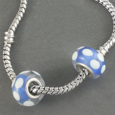 13mm Lt Sapphire with White Polka Dots Rondelle Large Metal Hole Glass Beads - Goody Beads