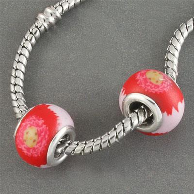 14mm Violet with Bright Red Flower Clay Rondelle Bead - Large Hole - Goody Beads