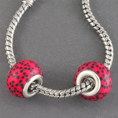 14mm Raspberry Pink with Black Dots Clay Rondelle Bead - Large Hole - Goody Beads