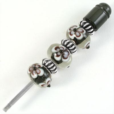 13mm Clear with Black Core and White Flowers Rondelle Lampwork Beads-Large Hole - Goody Beads