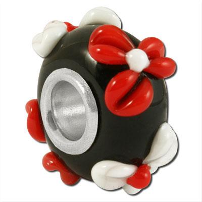 13mm Black with Red and White Flowers Rondelle Large Metal Hole Glass Beads - Goody Beads