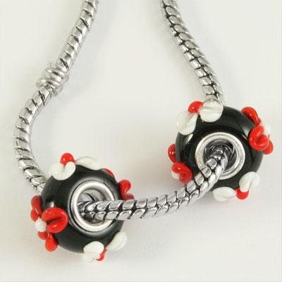13mm Black with Red and White Flowers Rondelle Large Metal Hole Glass Beads - Goody Beads