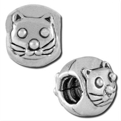 11mm Cat Face Large Hole Bead - Rhodium Plated - Goody Beads