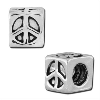 8mm Square Peace Sign Design Large Hole Bead - Rhodium Plated - Goody Beads