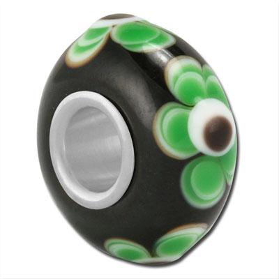 14mm Black with Green Flowers Large Hole Glass Beads - Goody Beads