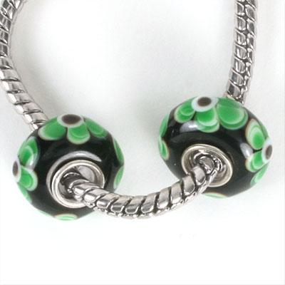 14mm Black with Green Flowers Large Hole Glass Beads - Goody Beads