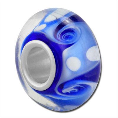 14mm Blue with Blue & White Swirls & Dots Large Hole Glass Beads - Goody Beads