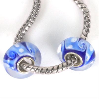 14mm Blue with Blue & White Swirls & Dots Large Hole Glass Beads - Goody Beads