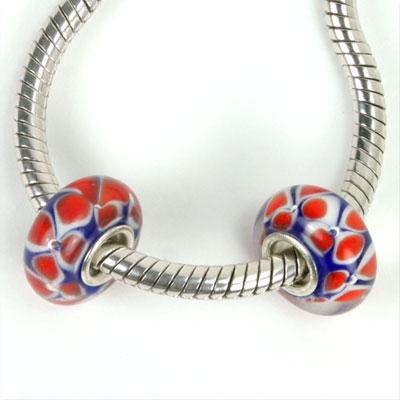 14mm Blue with Red Petals Large Hole Glass Beads - Goody Beads