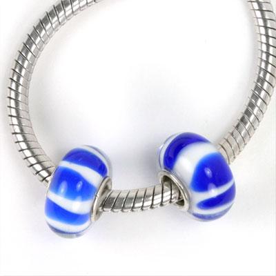 14mm Royal Blue & White Striped Large Hole Glass Beads - Goody Beads