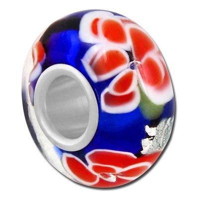 13mm Blue with Orange Flowers and Silver Foil Large Hole Beads - Goody Beads