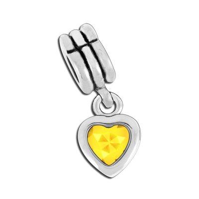 11mm Dangling Heart with Yellow CZ Stone Large Hole Bead - Rhodium Plated - Goody Beads