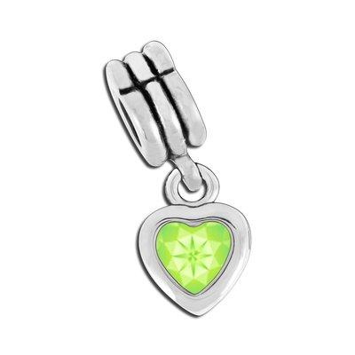 11mm Dangling Heart with Light Emerald CZ Stone Large Hole Bead - Rhodium Plated - Goody Beads