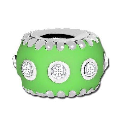 12mm Lime Enamel with Clear Crystals Large Hole Bead - Rhodium Plated