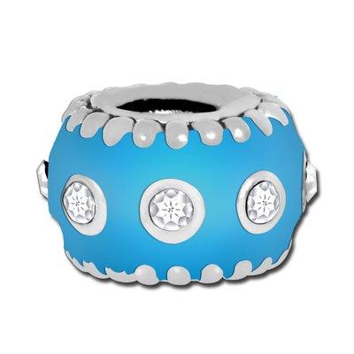 12mm Turquoise Enamel with Clear Crystals Large Hole Bead - Rhodium Plated