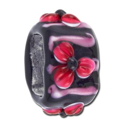 18mm Black, Pink and White Flower Glass Bead for Licorice Leather - Goody Beads